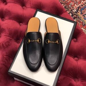 Gucci Black Leather Slip-On Loafers with Gold Detail